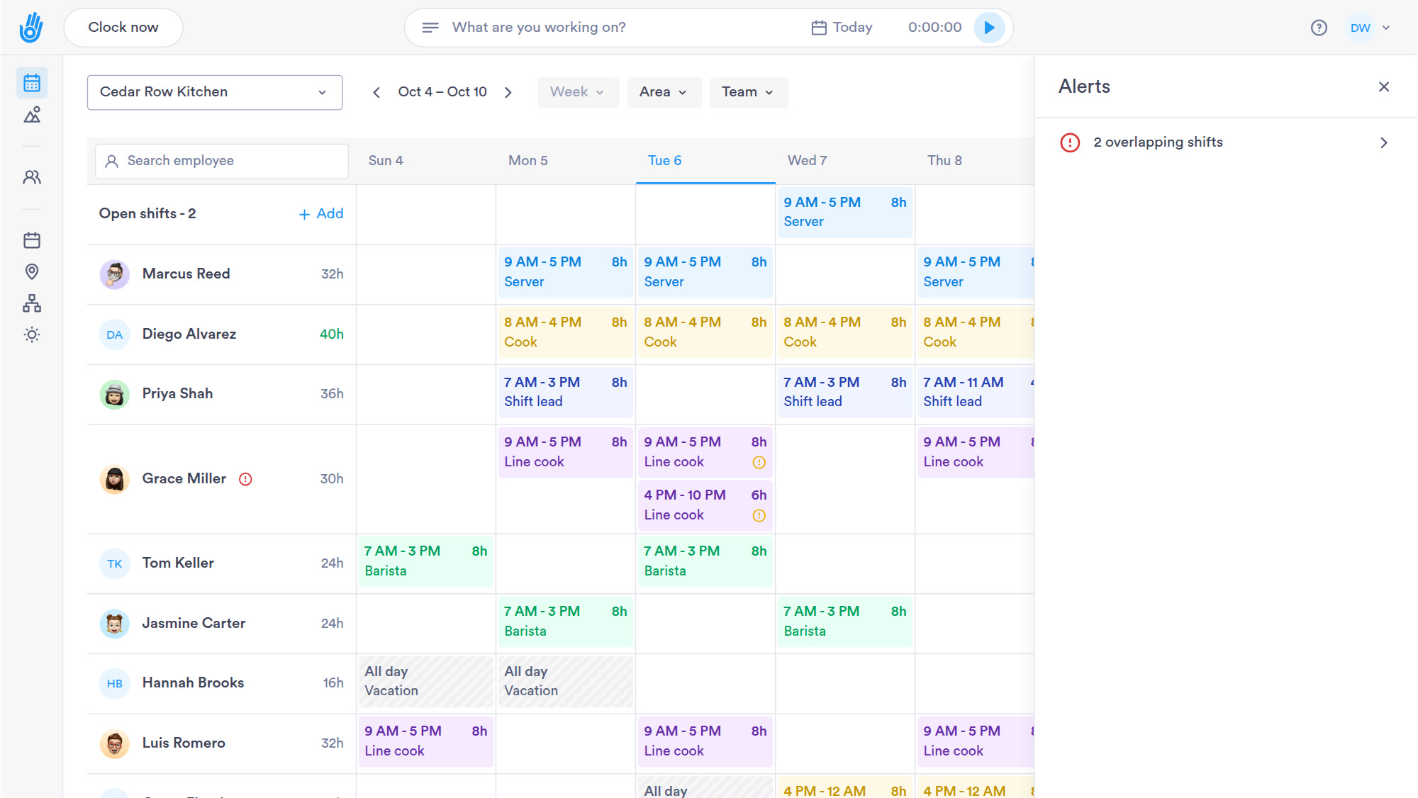 Two overlapping shifts are flagged, one moves to open shifts, and the week is published