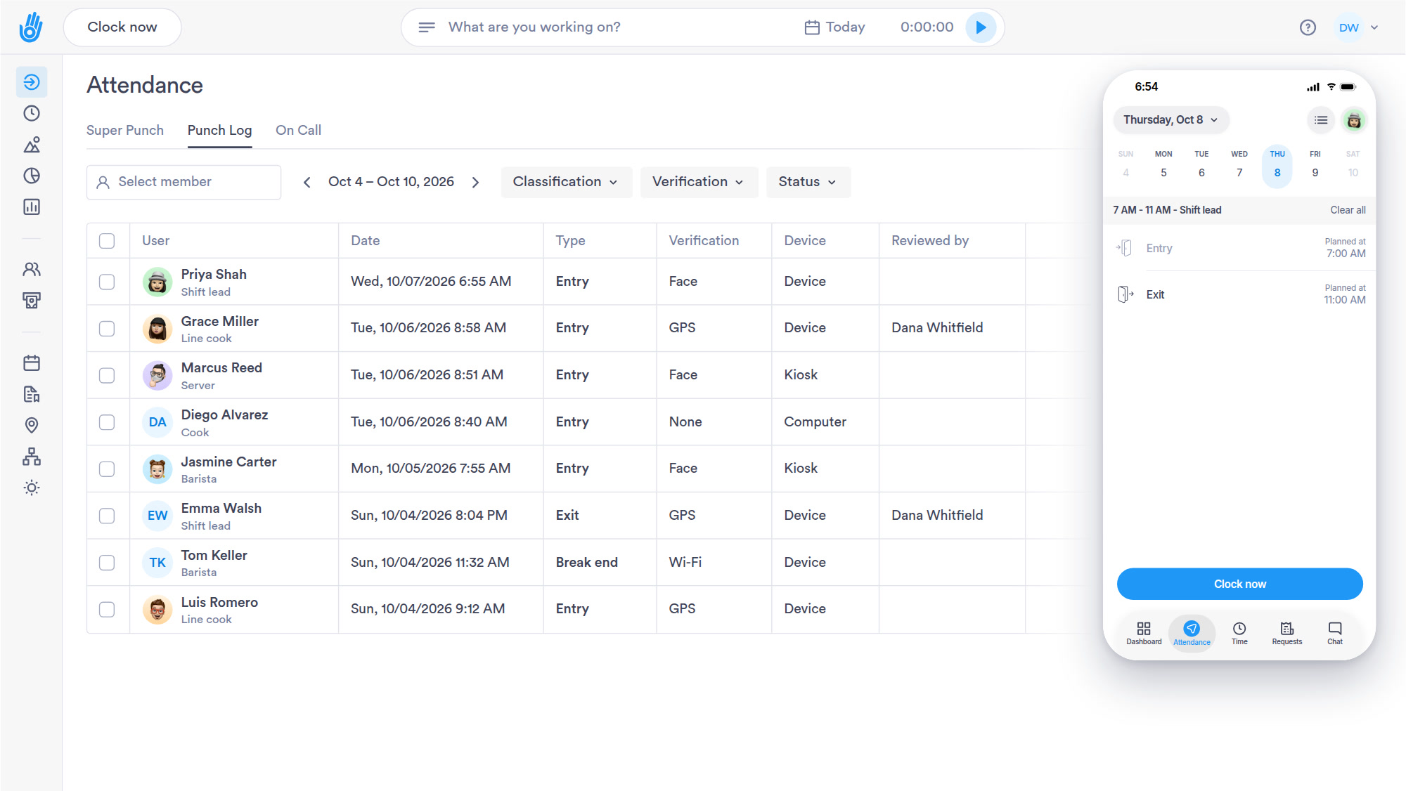 The next morning the app matches her face at clock-in and the punch lands in the log with Face verification