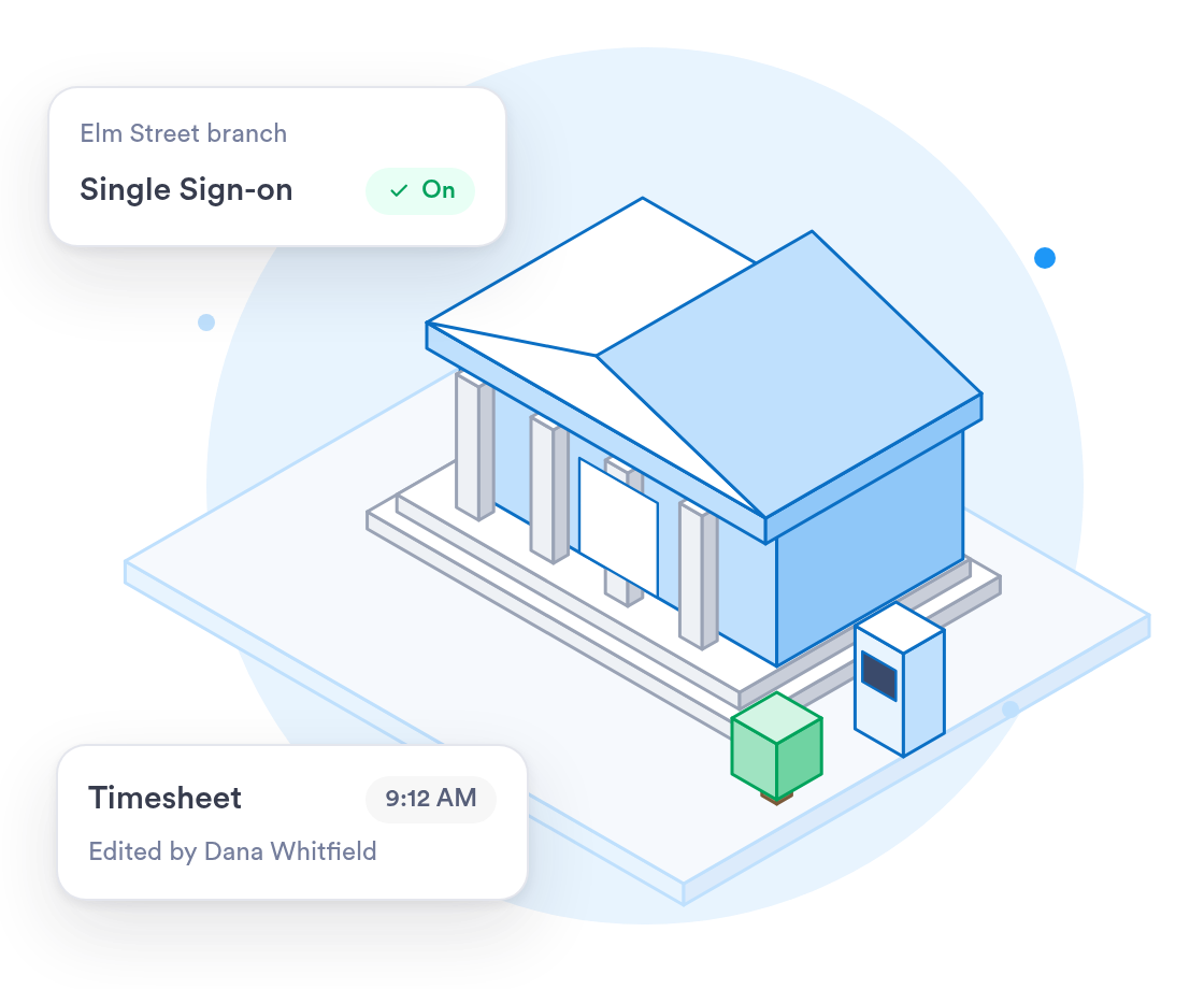 An isometric bank branch with columns and an ATM, with single sign-on switched on and a time-stamped timesheet edit