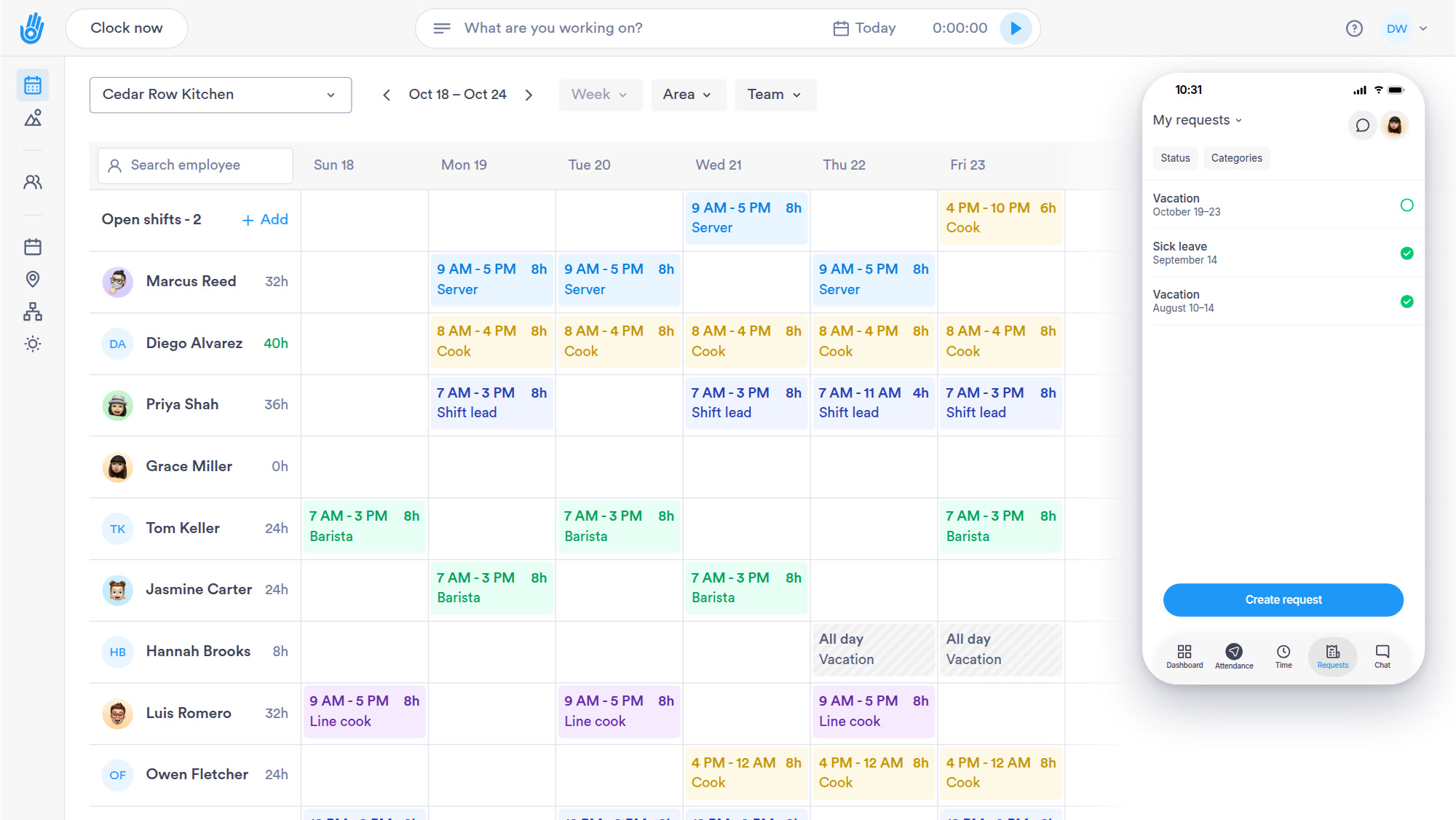 The approved vacation days appear on next week's schedule and the employee's app shows the request as approved