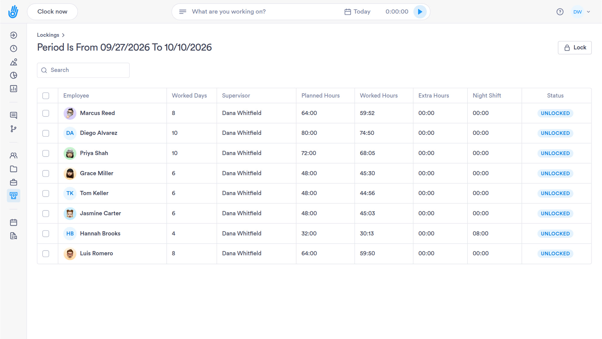 A manager locks the two-week pay period on the web, every timesheet shows Locked, and the payroll report can be exported