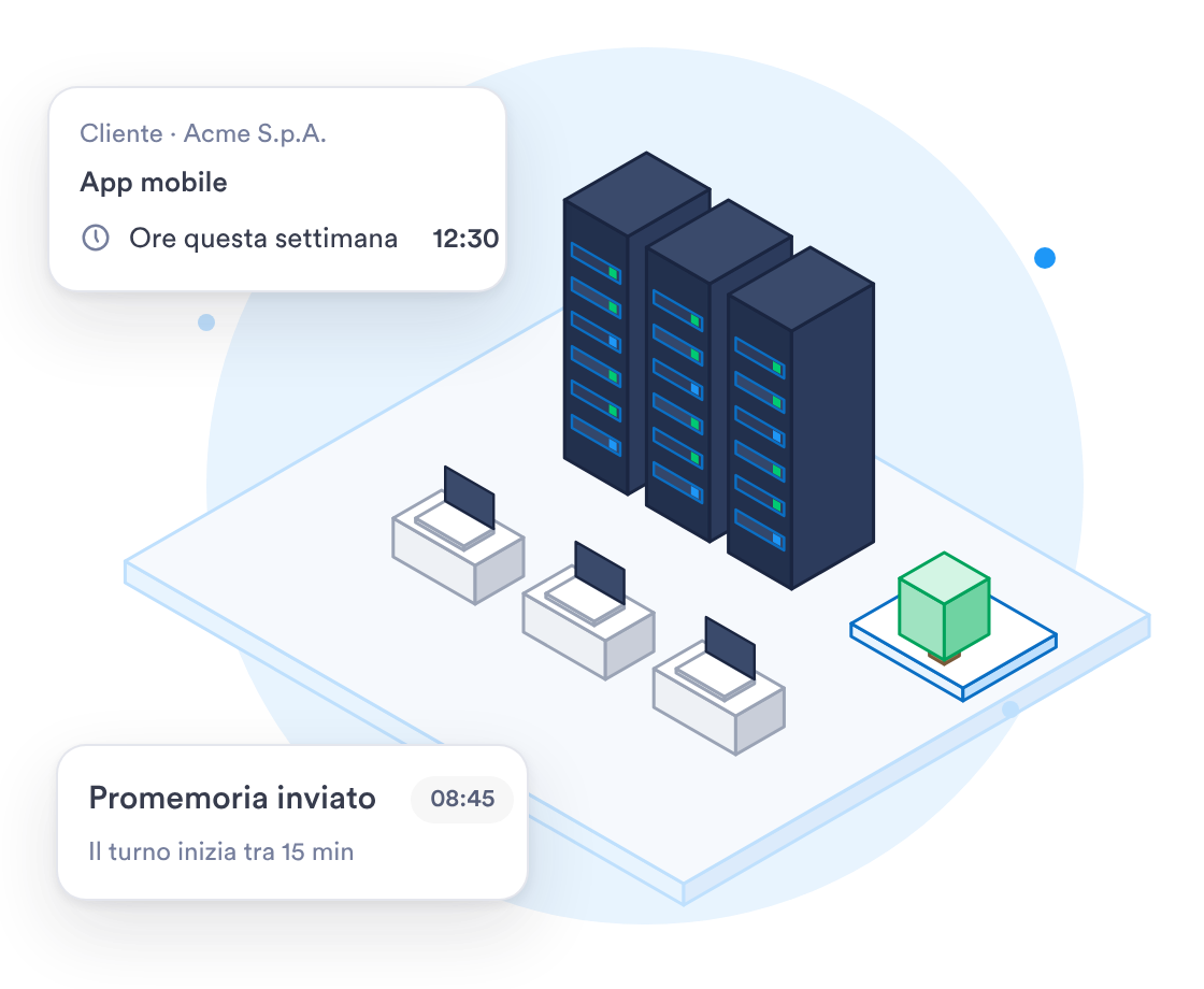 Server e scrivanie con portatili in stile isometrico, con le ore di un progetto cliente in settimana e un promemoria di inizio turno