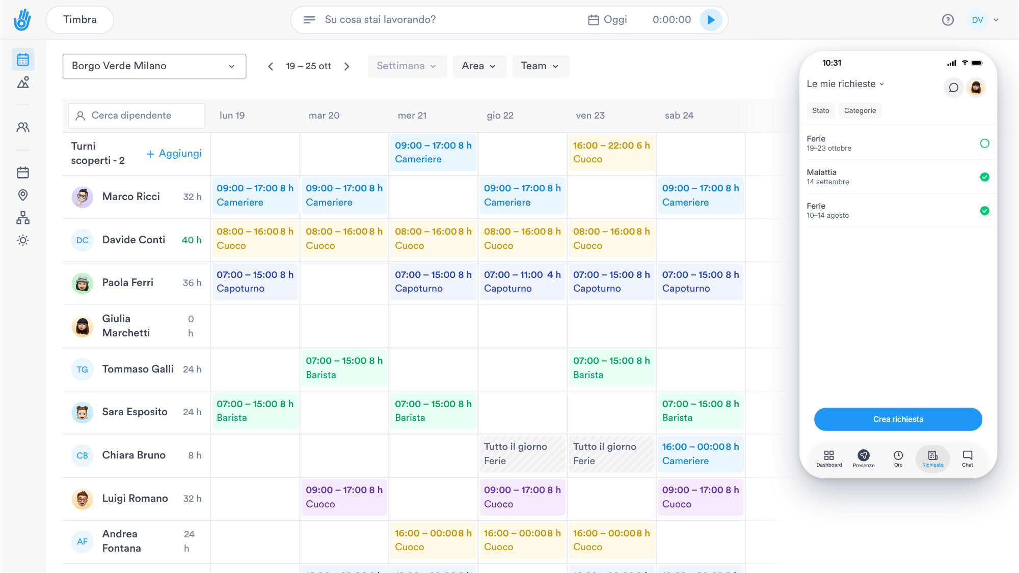 I giorni di ferie approvati compaiono sul planning della settimana e l'app mostra la richiesta come approvata