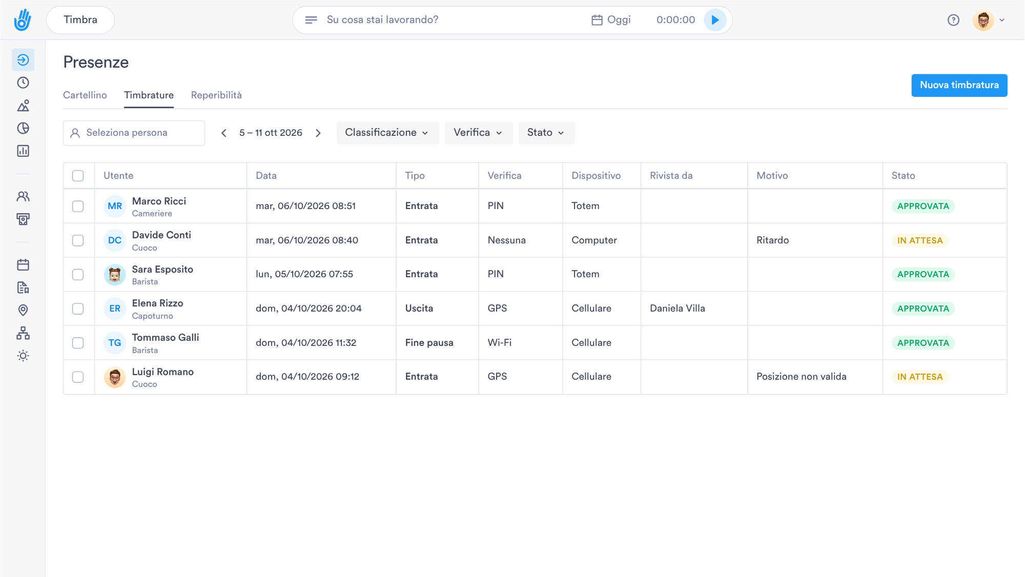 Un dipendente timbra dal pulsante Timbra dell'app web e la timbratura compare nel registro