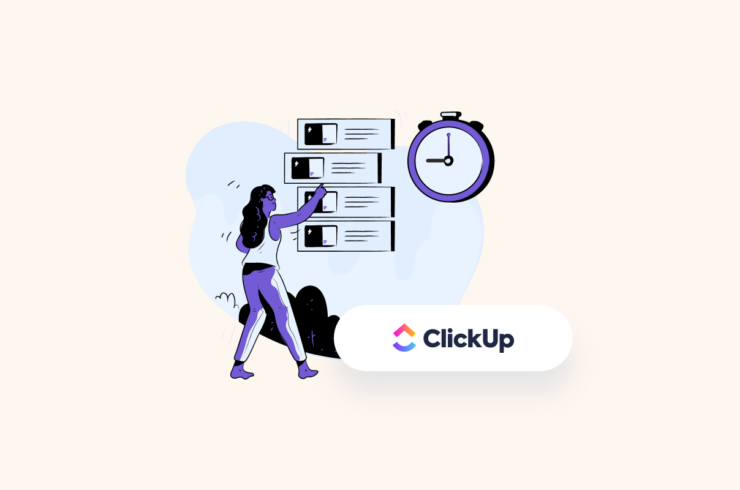 illustration of a woman tracking her billable hours on clickup